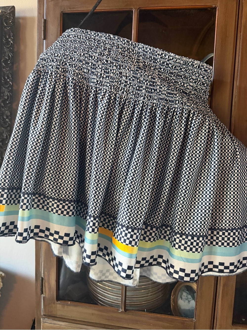 Black & White Checkerboard Smocked Waist Mini Skirt with Pastel Stripe